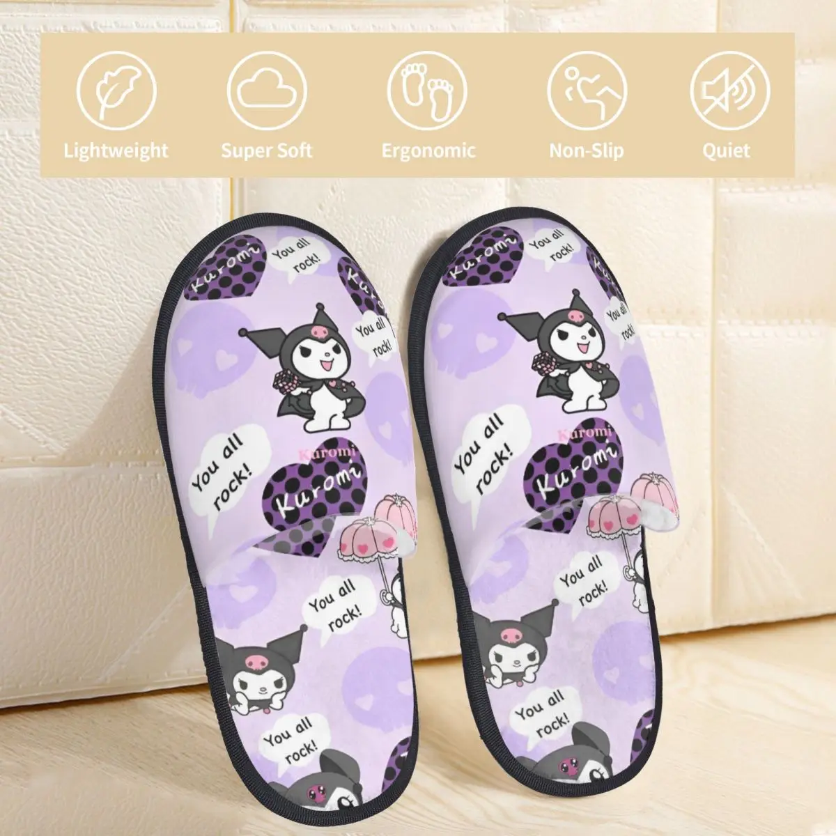 Sanrio Kuromi Winter Cotton Plush Slippers Living Room Soft Household Fur Slippers Slides Non Slip