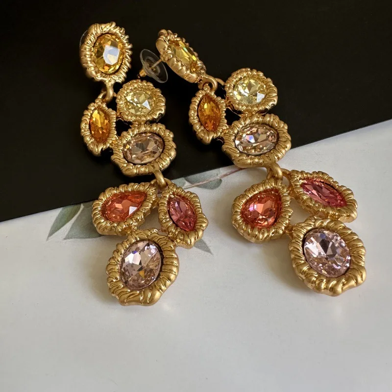 Fashion Jewelry Vintage Long Warm-Tone Multicolor Crystal Drop Earrings for Women, Statement Shoulder Duster Stud Earrings