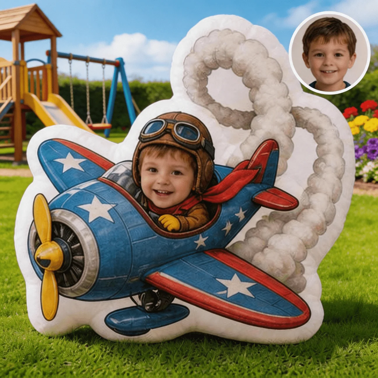 Personalized Photo Customization Pillow: Vintage Pilot Character Blue & Red Custom Shaped Decorative Cushion, Stylized Illustrat