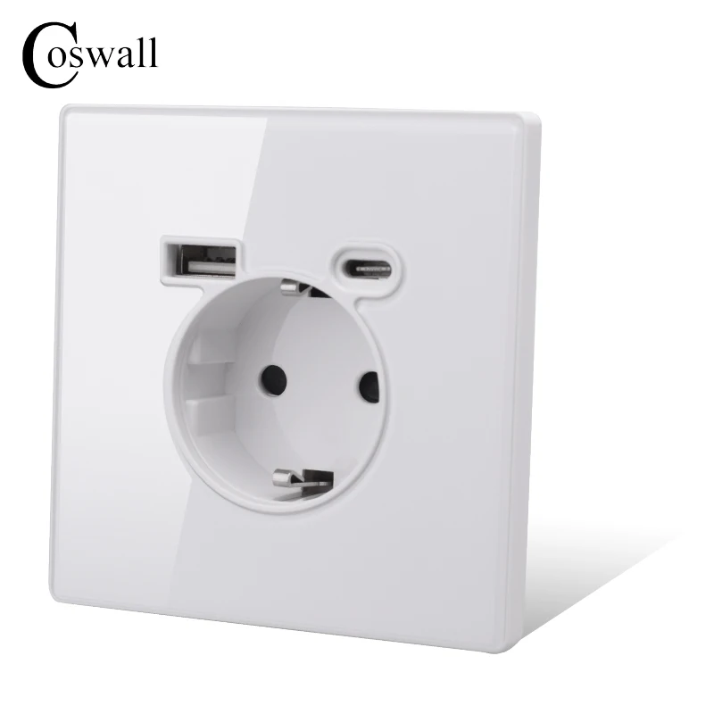 Full Screen Integrated Glass Panel EU/French Standard 16A Flame Retardant Wall Power Outlet With Type A-C 2usb Charging Port