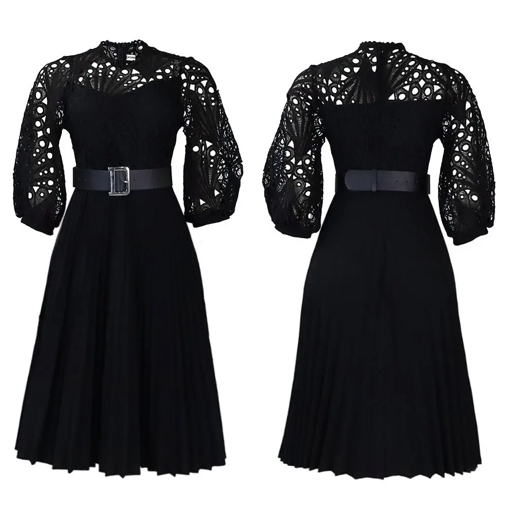 

Female Large Size Lace Dresses Lace Hollow Out Lace Puff Sleeve Dresses Bouffant Crochet Lace Pleated Dresses Wedding