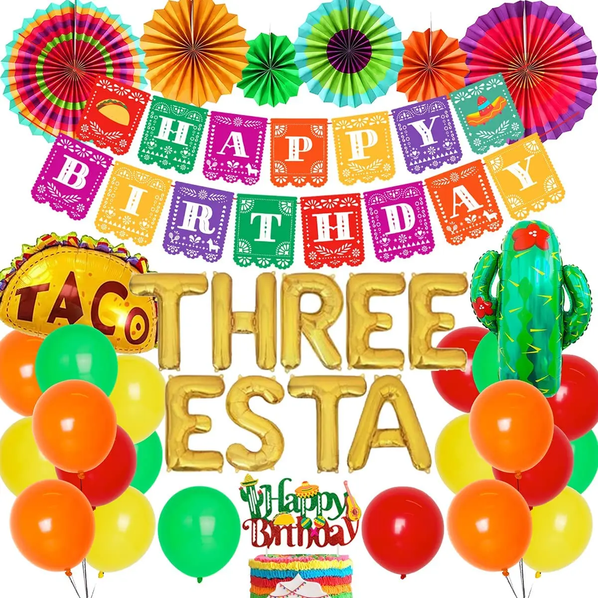 

Mexican 3rd Birthday Party Decorations Three Esta Party Supplies Fiesta Birthday Banner Cake Topper Fiesta Paper Fans Flowers