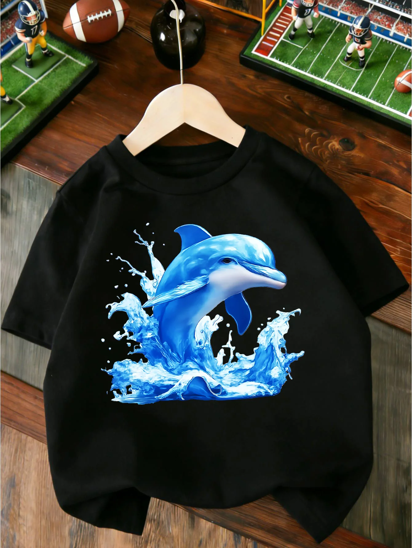 Vivid Blue Dolphin Splashing Ocean Water Print T Shirt Boys Girls Lovely Short Sleeve Tee Family Matching Soft Cotton Kids Tops