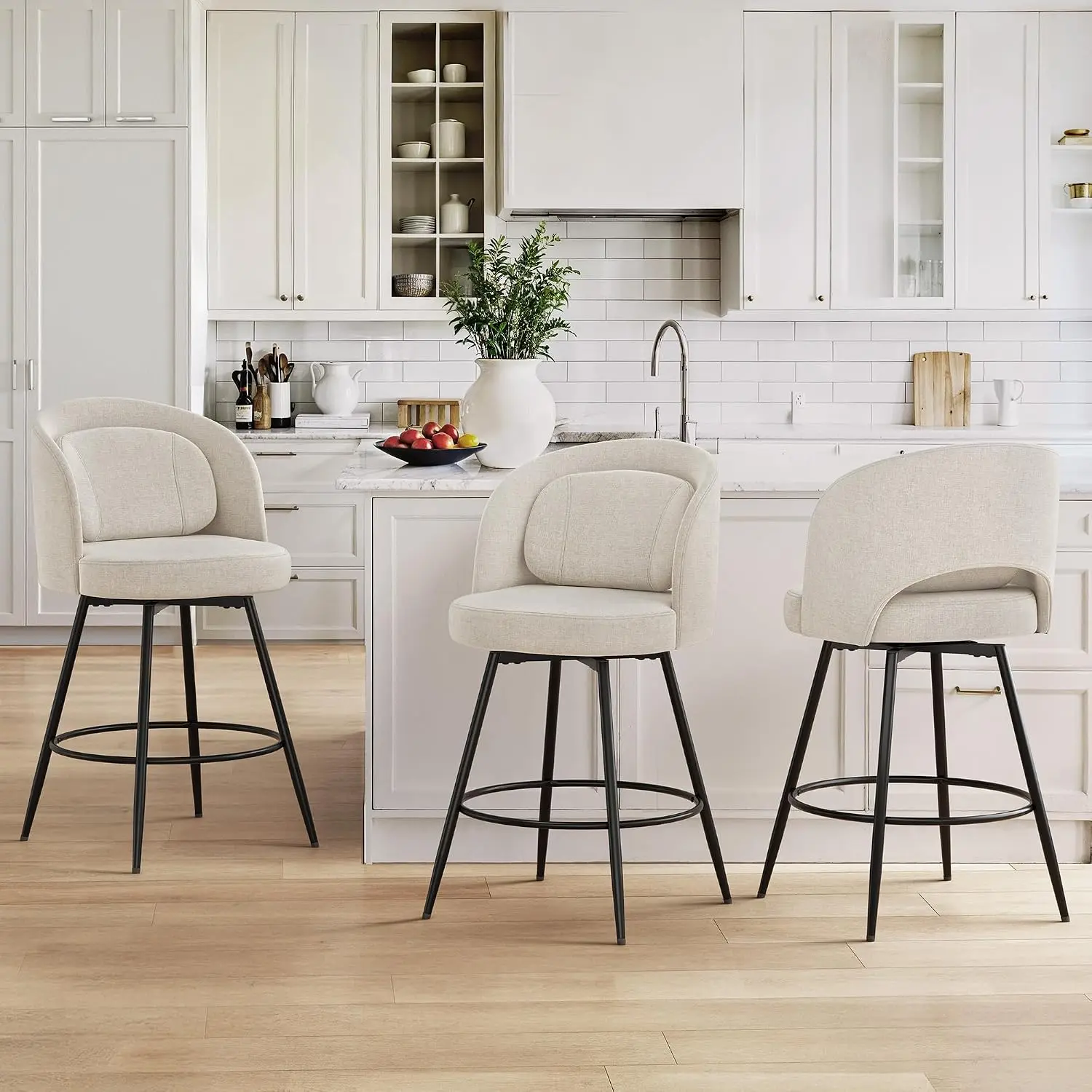 26''H Swivel Bar Stools Set of 3, Counter Height Bar Stools with Backs, Lumbar Pillow and Black Metal Frames,Customized