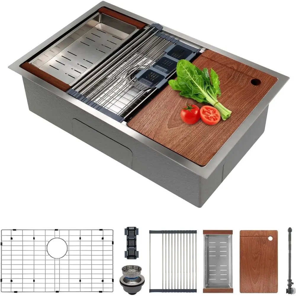 

30 Inch Undermount Kitchen Sink Superior Drain Kitchen Sinks 11 Gauge (m) StainlSteel, Single Bowl Integrated Ledge Multiunction