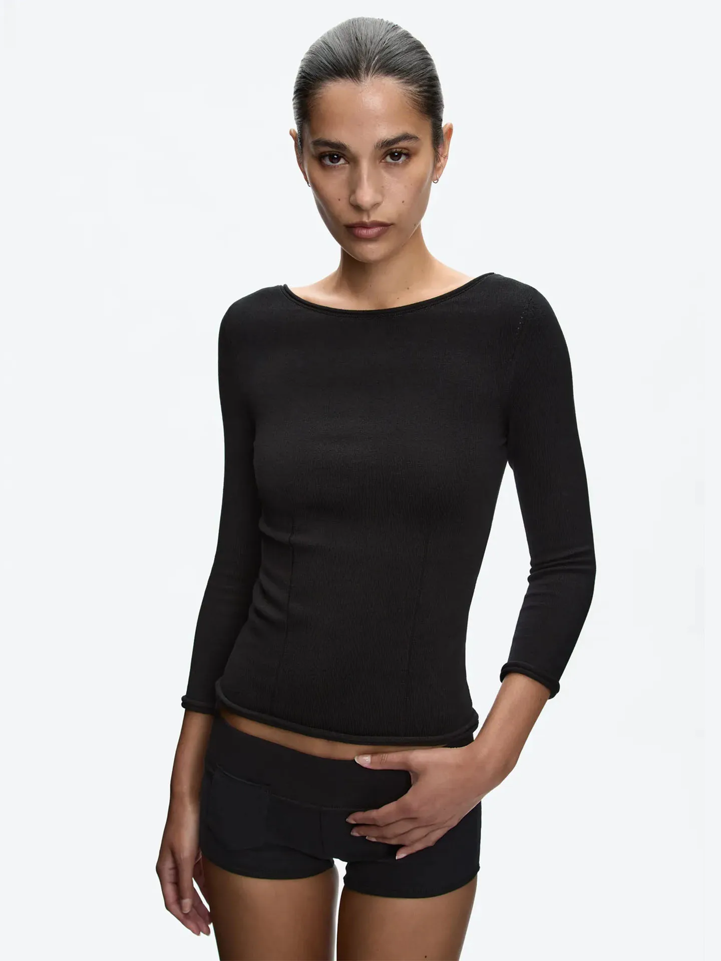 Tank Reversible Base Layer Apricot Three-Quarter Sleeve Knit Sweater Black Crew Neck Warm Top for Outdoor Activities