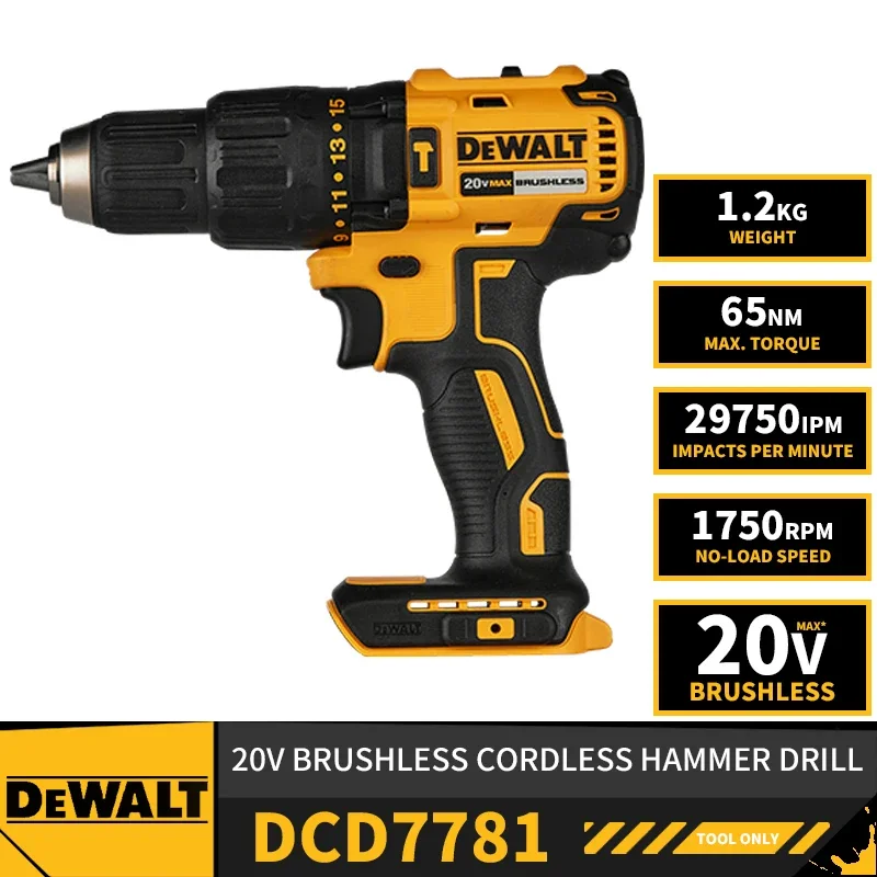 DEWALT DCD7781 Brushless Cordless Hammer Drill 20V Lithium Power Tools 65NM