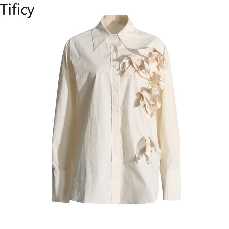 

TIFICY Commuting Style Blouses Top Women's Spring New Item Lapel Splicing Three-dimensional Petal Women's Long Sleeved Shirt