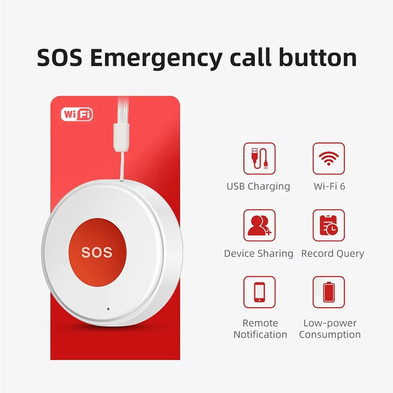 Tuya WiFi SOS-paniekknop Wit Zwart Kleur Ontworpen voor oudere kinderen Patiënt Ingebouwde oplaadbare batterij Smart Life