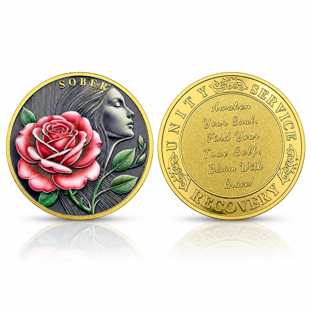 Sober Woman Gold Coin Collectibles Elegant Bloom Rose Challenge Coin Healing Oneself and Finding Oneself Medal in Capsule
