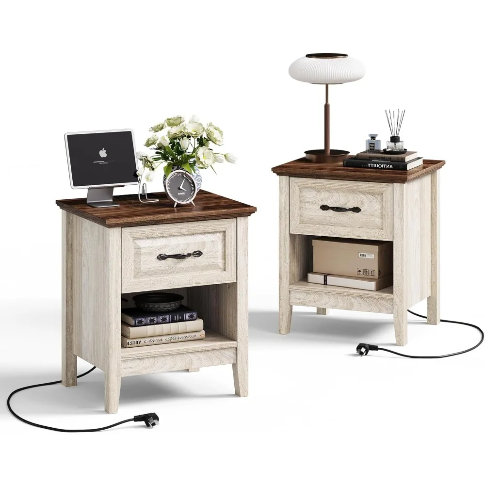 

Nightstands, Set of 2 or 1 Wood NightStand Type-C Charger Open Storage Shelf, Side Table End Table for Bedroom Living Room Sofa