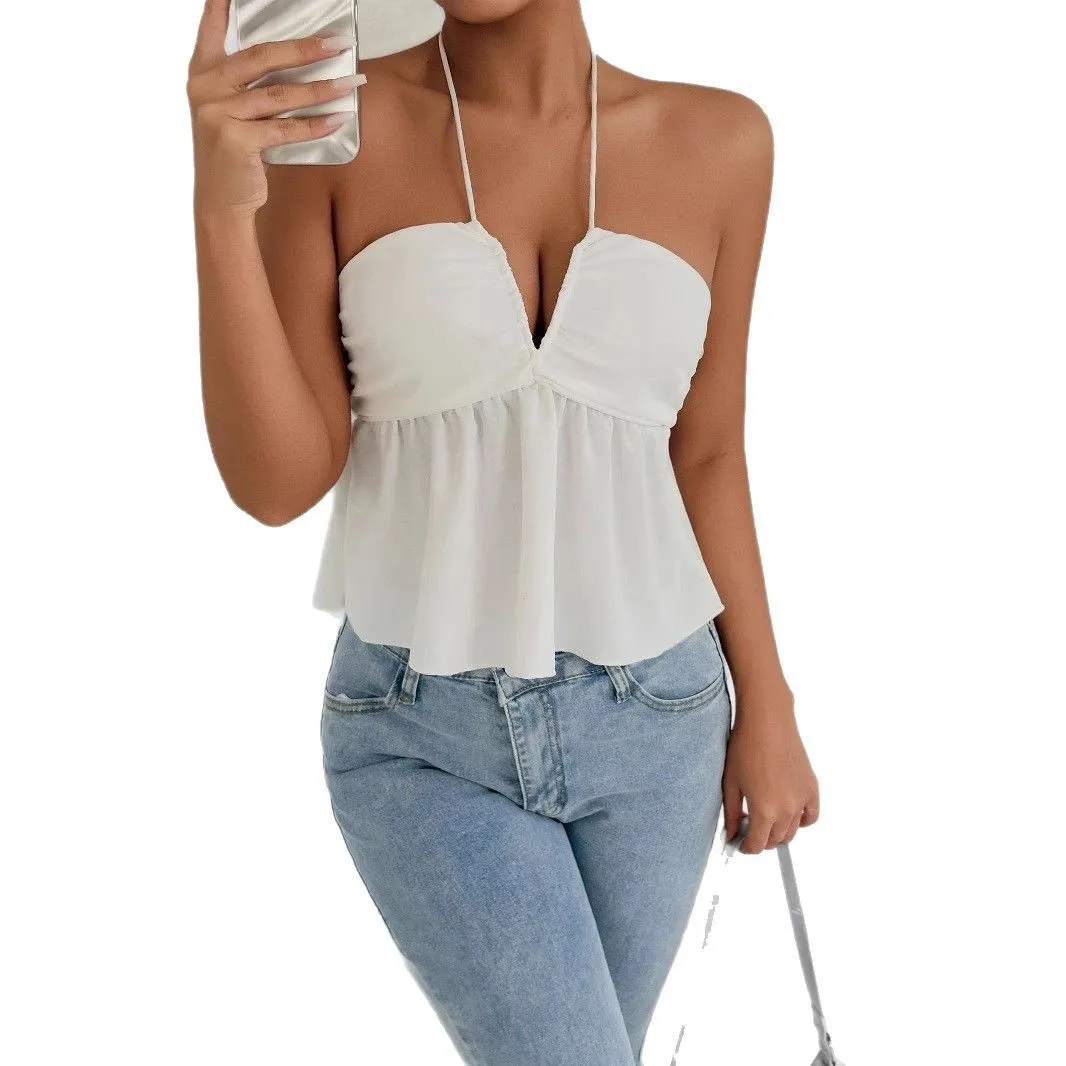 

Изготовленный на заказ европейский и американский летний сексуальный топ Eaby Amazon Slim с глубоким V-образным вырезом без рукавов и рюшами для женщин