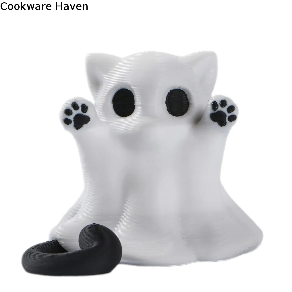 3D-printed Halloween Kitten Ghost Ornament Hand-Raising Posture Plastic Ghost Cat Figurine Mini Ghost Cat Ornament Collectible