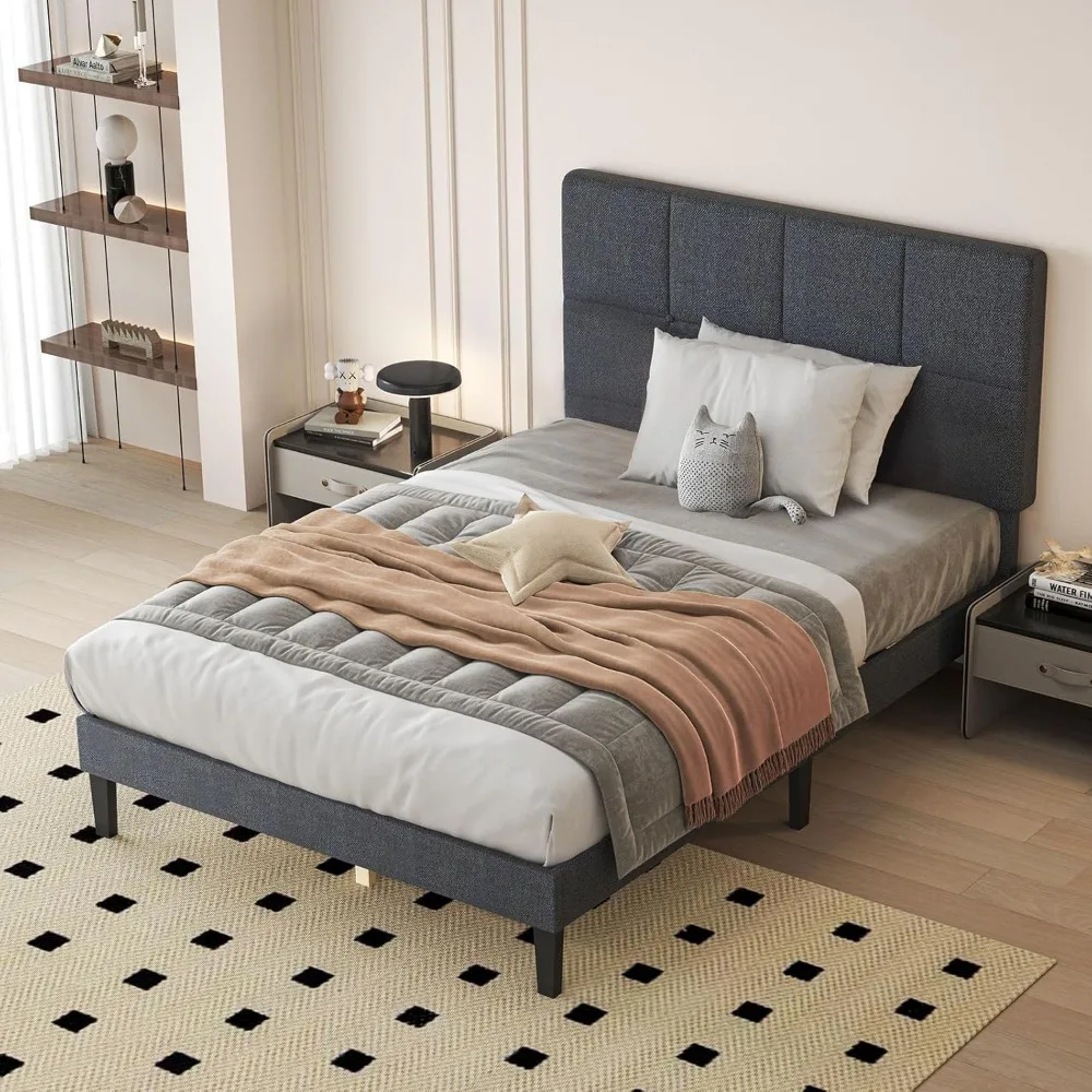 

DUMOS Twin Bed Frames with Headboard, Wooden Twin Platform Bed No Box Spring Needed, Fabric Upholstered Bed Frame with Adjustabl