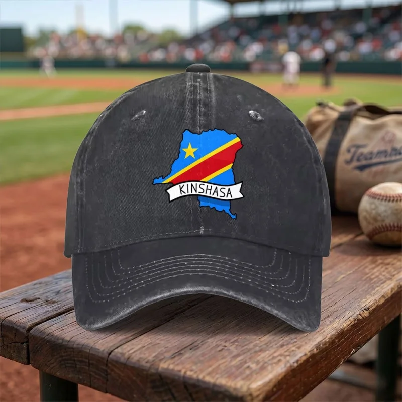 Congo Kinshasa Flag Map Washed Baseball Cap Adjustable Buckle Lightweight Breathable Unisex All Seasons