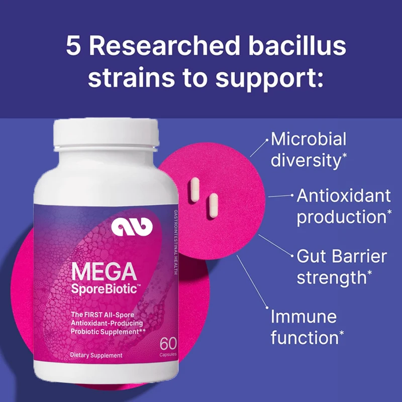 MegaSporeBiotic probiotics promote digestive health - containing spore forming Bacillus coagulans and Bacillus subtilis