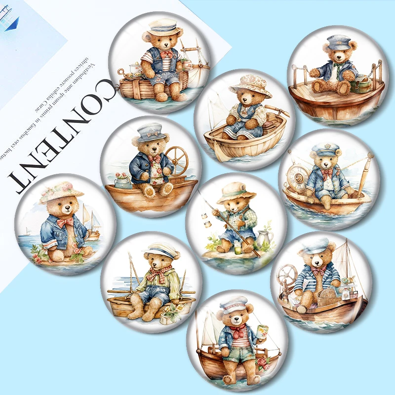 Teddy bear cruise art pattern 10pcs  12mm/18mm/20mm/25mm Round photo glass cabochon demo flat back Making findings