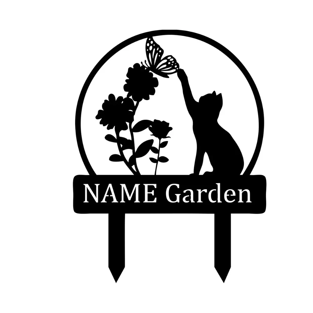 Discover Custom Personalized Kitten Flower Picking Metal Stake Sign. Add a Name, Perfect Garden Decor.