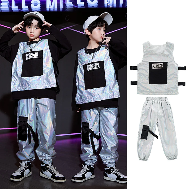 

Boys Silver Hip Hop Clothing Loose Street Dance Outfit Children Catwalk Show Stage Costume Streetweat Festival Clothes DL11071