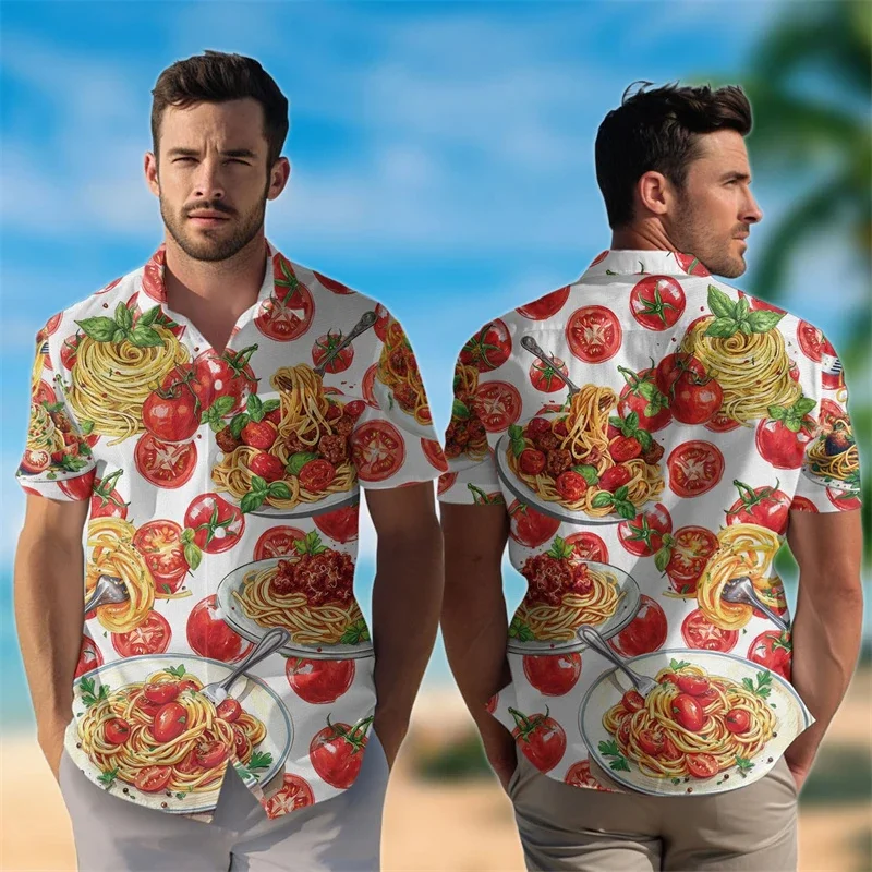 Delicious Food Graphic Hawaiian Shirt Men Cheese Bacon Noodle Chicken 3D Print Blouses Streetwear Button Lapel Tops Aloha Shirts