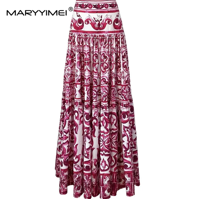 MARYYIMEI Summer Fashion Designer Print Cotton Skirt Women\'s High Waist Ruched Holiday Casual A-LINE Mid Skirt