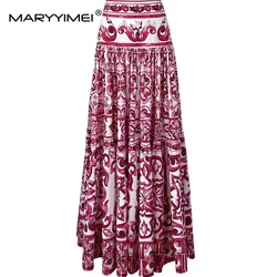 MARYYIMEI-Jupe froncée en coton imprimé pour femme, jupe mi-longue taille haute, ligne A décontractée, mode de créateur, vacances d'été