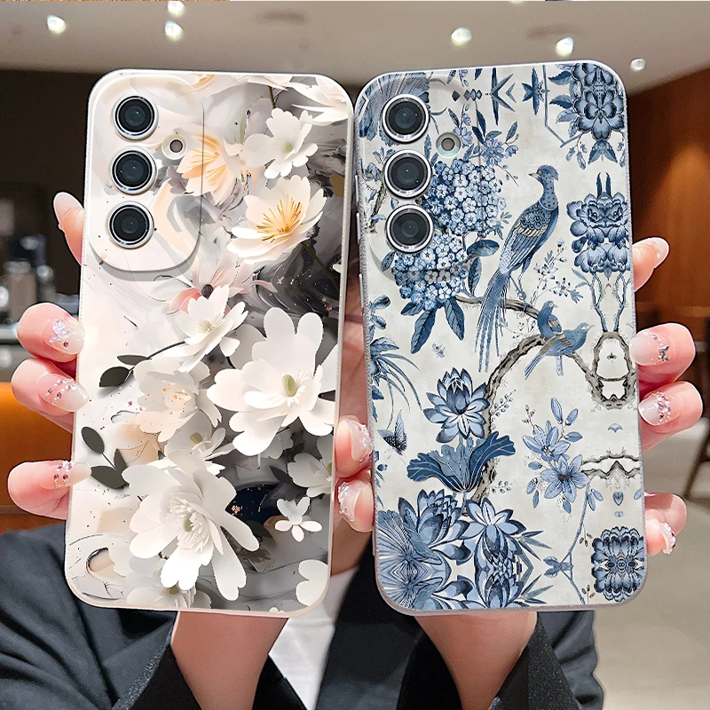 Blue Flower Soft Silicone Phone Case For Samsung Galaxy A57 A56 A55 A37 A17 A36 A16 A15 5G A26 A25 A54 TPU Leather Texture Cover