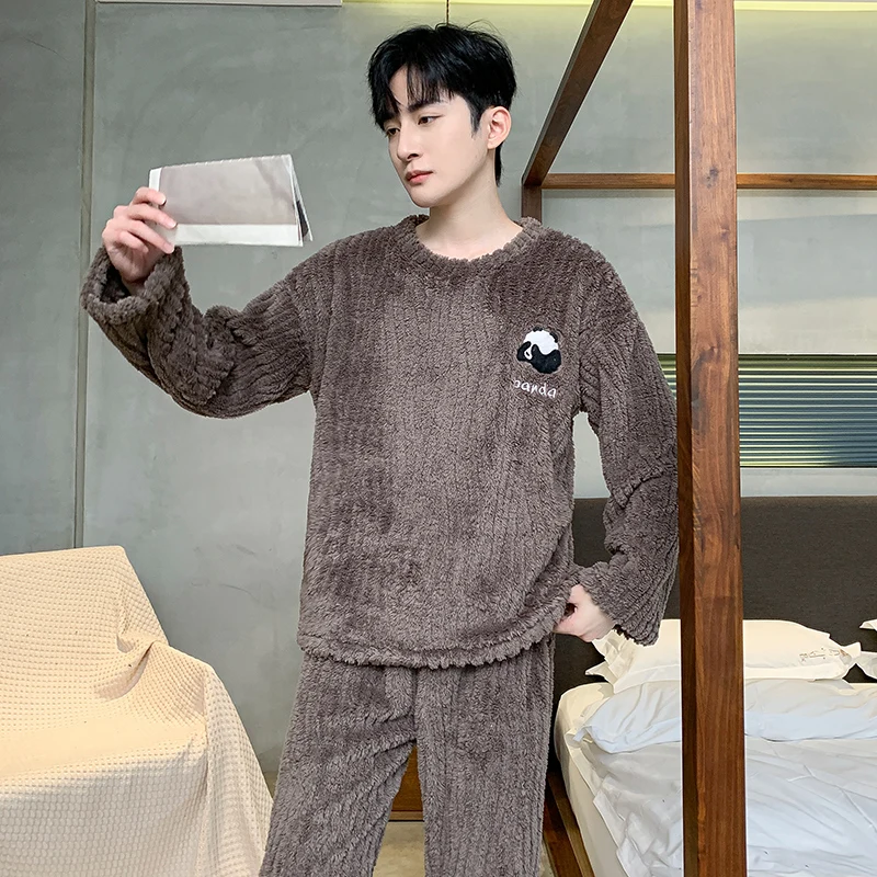 Vintage Panda Cartoon Cute Letter Print Pajamas Set for Men Cotton Causal Outside New Homewear Autumn Winter Crew Neck Nightwear