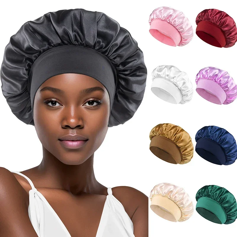 Women Night Sleep Hair Cap Double Layer Adjust Head Cover Hat Silky Bonnet Satin Shower Caps Styling Hat Hair Wrap Hair Tool