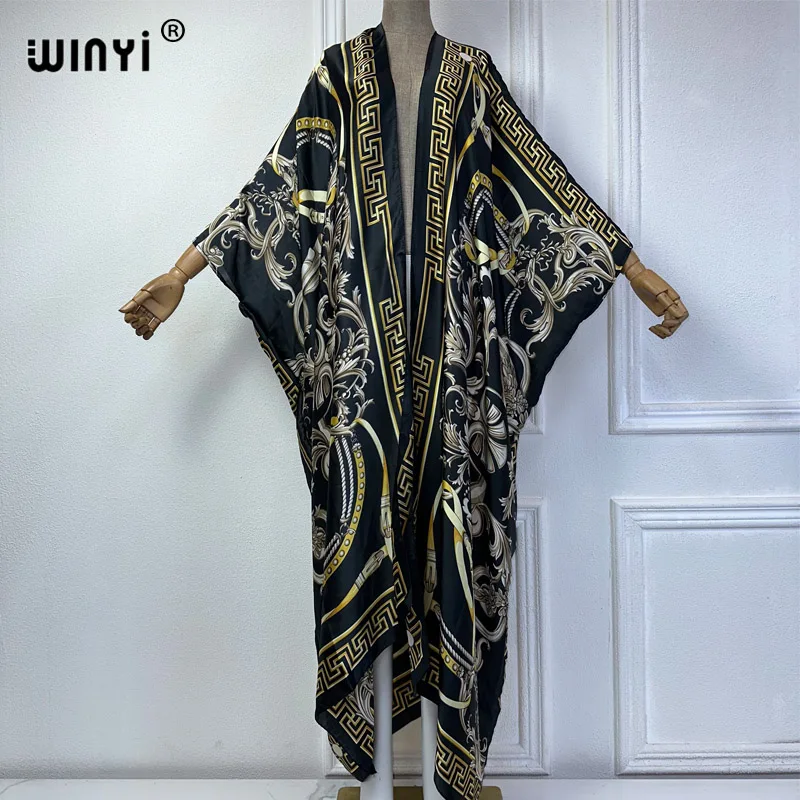 WINYI 2024 nowe afrykańskie damskie kimono boho sukienka z nadrukiem plażowe elegancki kardigan seksowne wakacyjne stroje plażowe dla kobiet