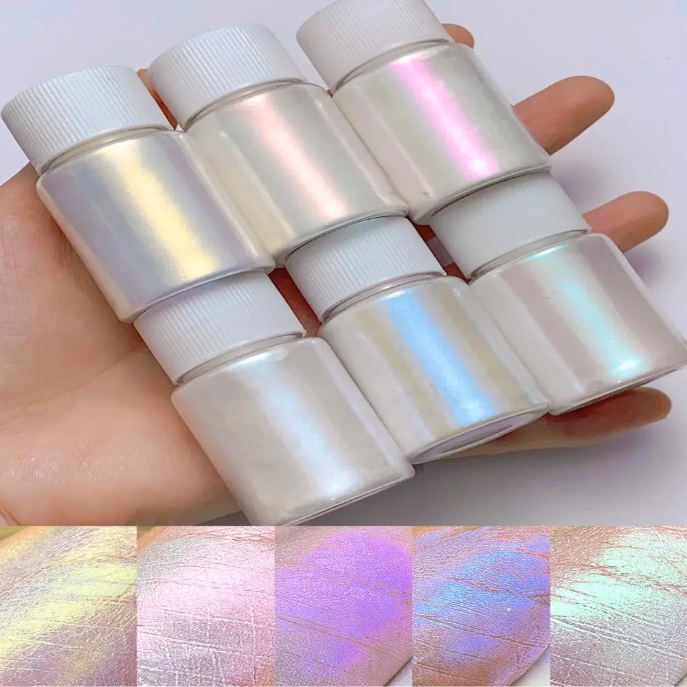 1/6Jars Aurora Mermaid Chrome Nail Art Powder Irridescent White Pearlescent Mica Powder Chameleon Manicure Pigment Rubbing Dust
