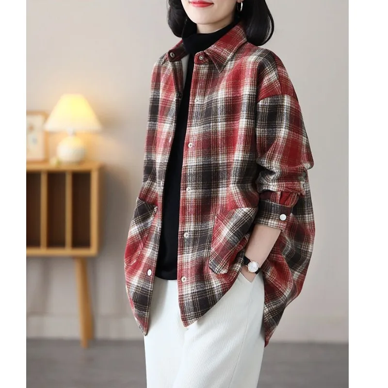 Retro Plaid Fce Lined irt Jaet Women's Loose Commute Versatile irt Top Trendy Korean Sle Long Sve  Collar