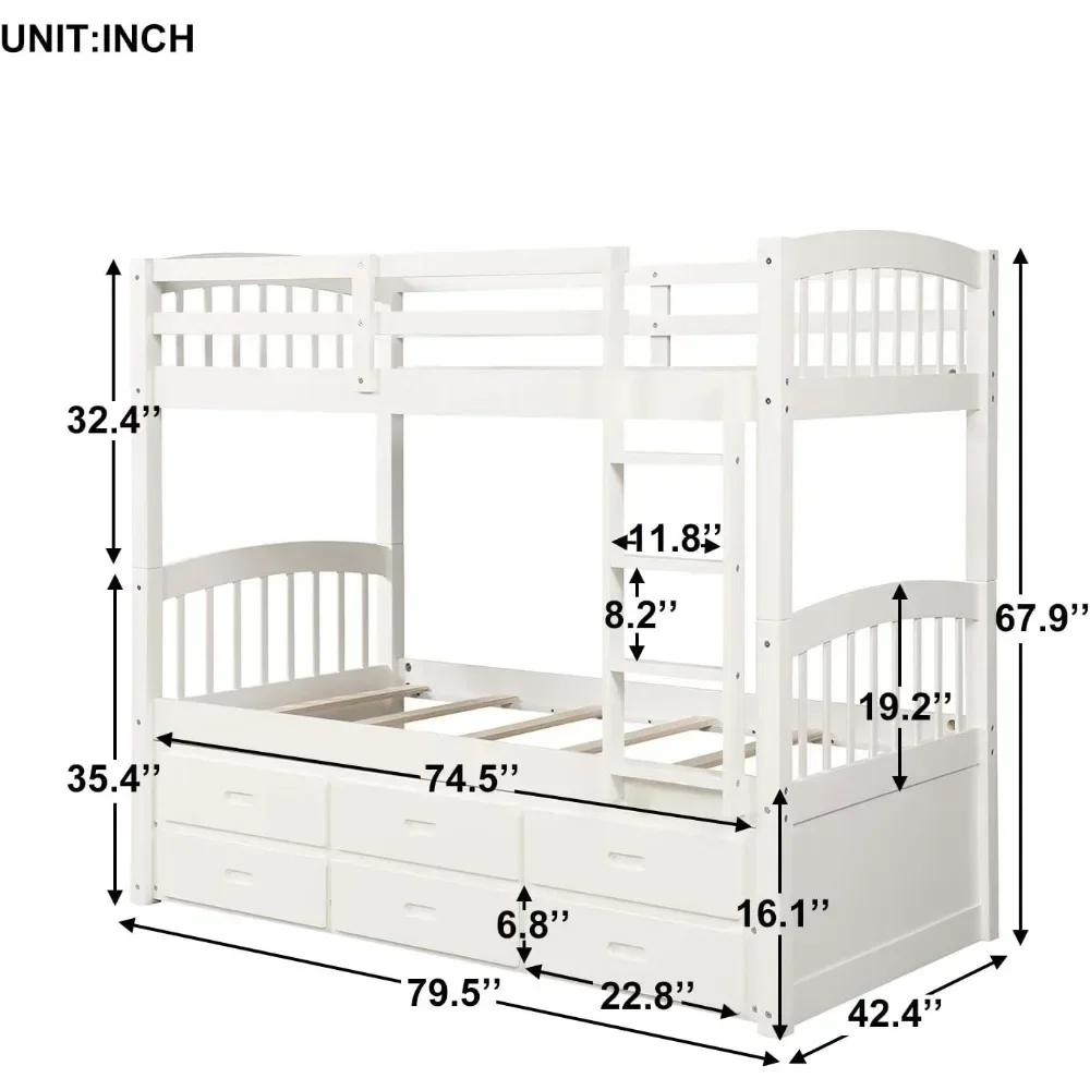 Bunk Bed, with Safety Rail, Ladder, White Twin Trundle Bed with 3 Drawers for Kids, Teens Bedroom, Guest Room Furniture