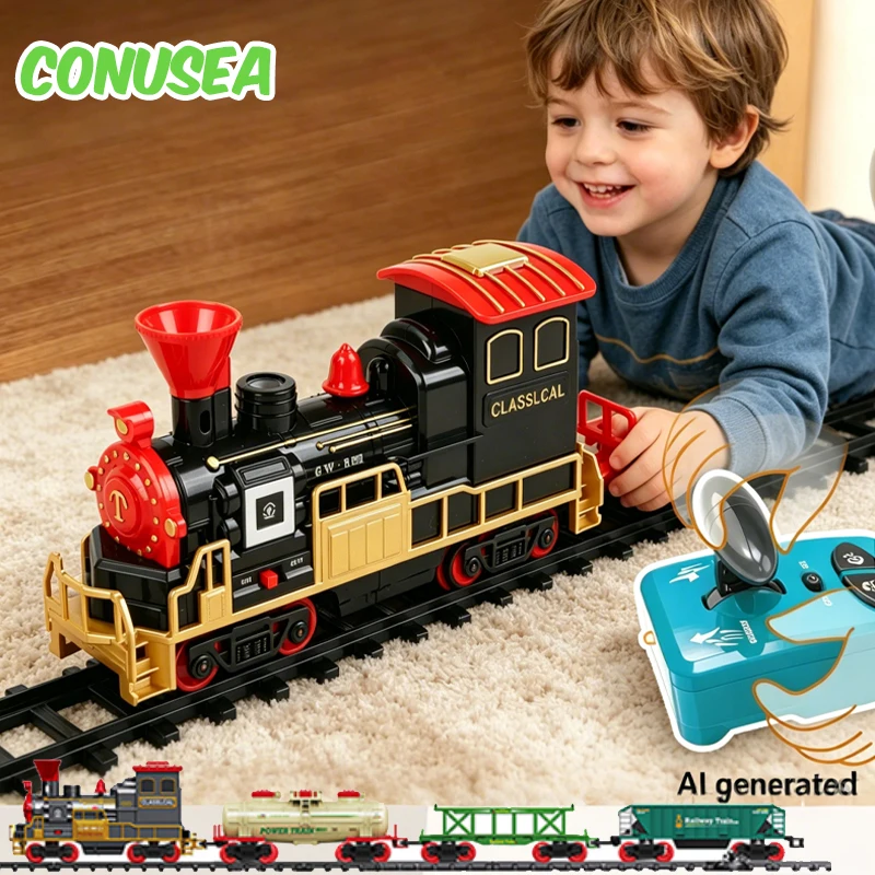 RC Train Remote Control Rail Car with Spray Smoke Sound Classical Track Retro Steam Locomotive Children's Toys Birthday Gifts