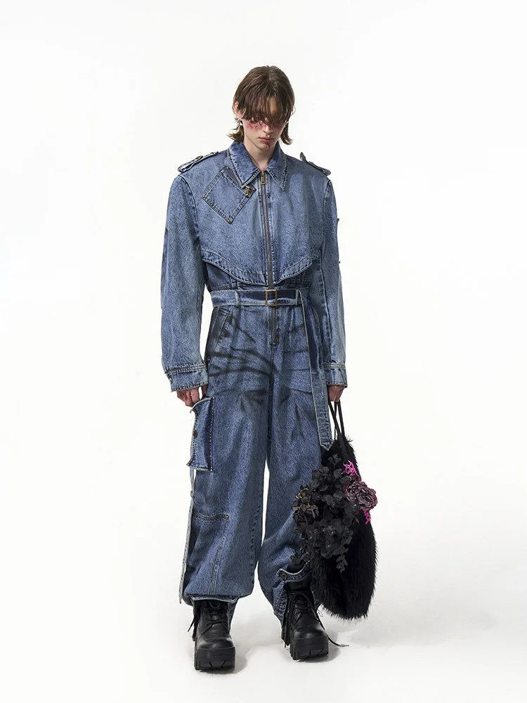 

Men's Denim Overalls Shoulder Pads Zipper Blue Washed Spring Season Comfortable Fit Straight Leg Korean Style Casual Jeans