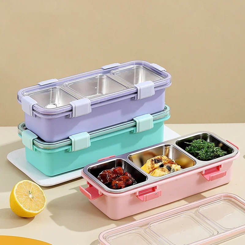 

2/3 Compartment Lunch Box Stainless Steel Bento Box with Soup Bowl Portable Children's Snack Box Food Storage Container