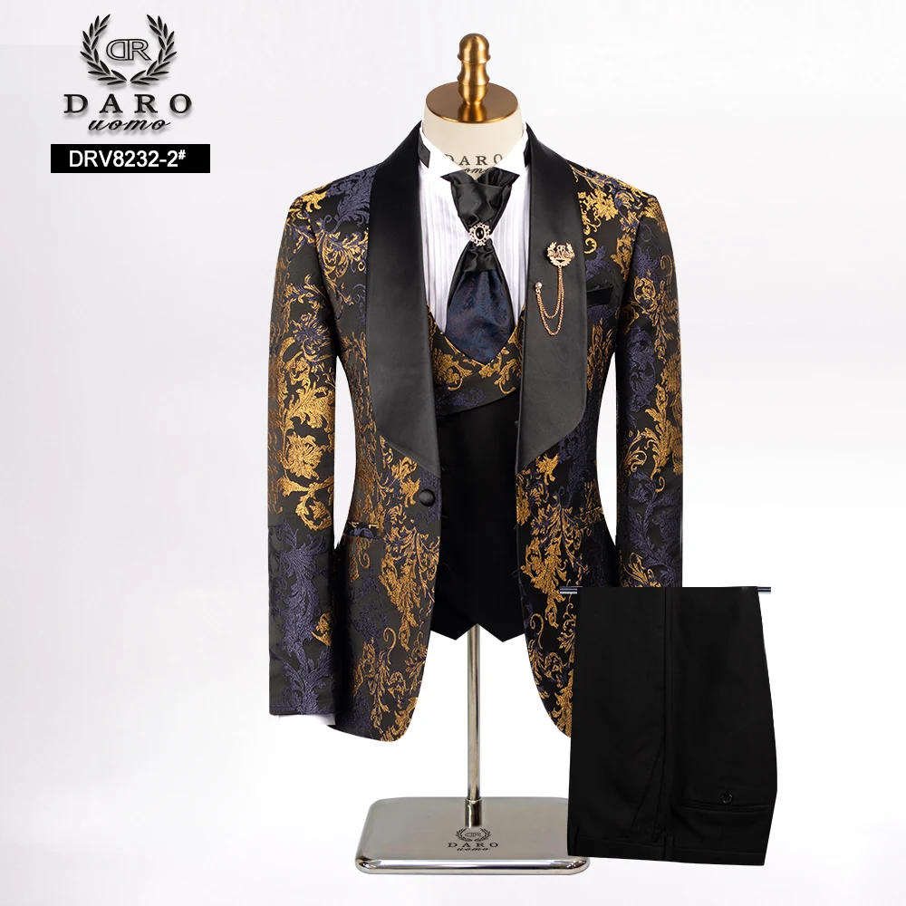 DARO2024 Floral Jacquard Wedding Suits for Men with Stand Collar Double Breasted Formal Groom Tuxedo Jacket Vest Pants 3 Piece