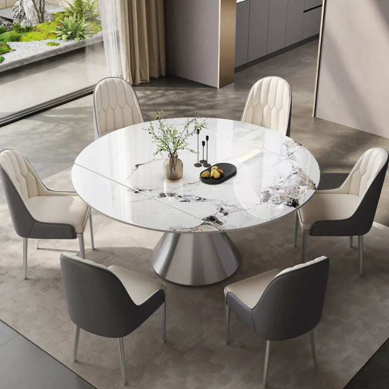 

Metal Natural White Dining Table Chairs Modern Round Design Marble Dining Table Center Luxury Tavoli Da Pranzo Modern Furniture