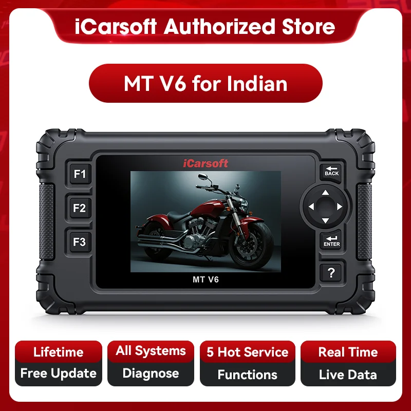 

iCarsoft MT V6 для индийского мотоцикла, полная система диагностики, инструмент для мотоцикла и автомобиля, сканер OBD2 2-в-1, считыватель кодов двигателя