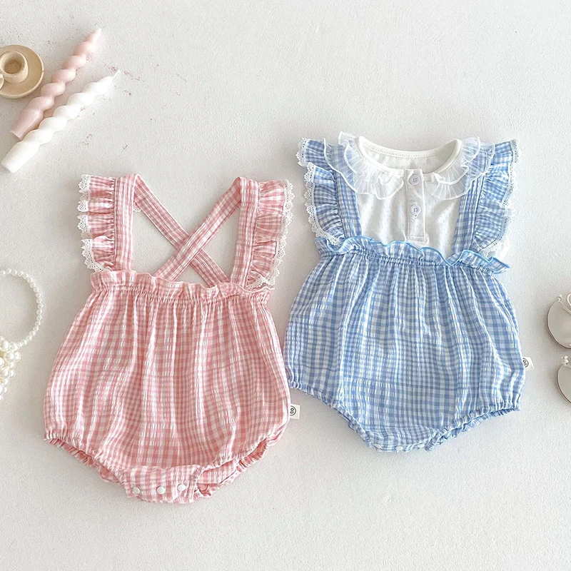 2026 New Summer 0-24M Children Clothes Newborn Baby Girl Romper Sleeveless Cotton Grid Toddler Baby Girls Jumpsuit