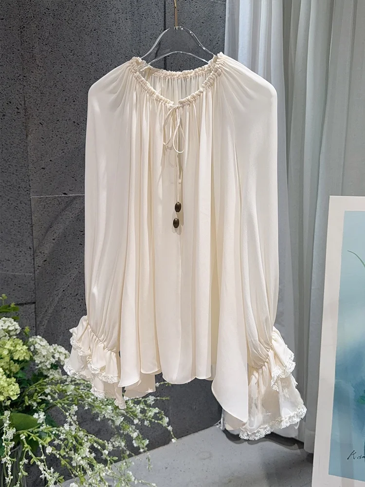 

Spring New Style Versatile Long Sleeve Women's Silk Shirt French Style Loose Fit round Neck Button down mid Length Coat