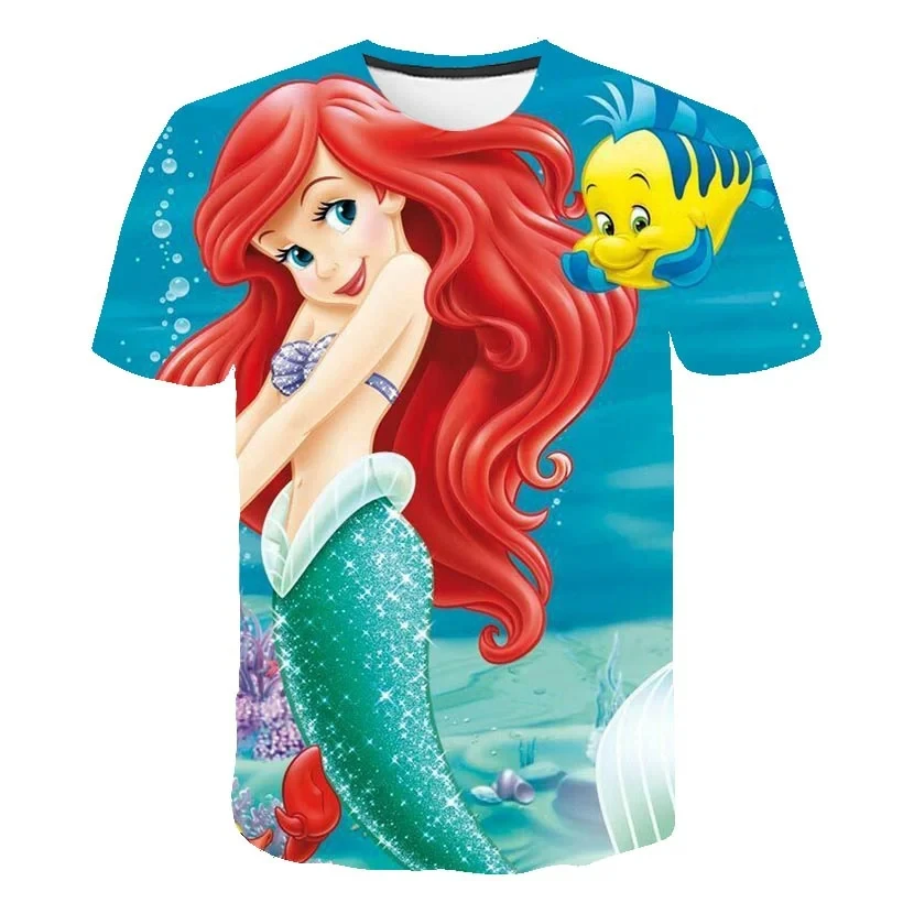 Disney-Princesa Ariel das crianças 3D impressão T-shirt da sereia, tops casuais infantis, lindos desenhos animados Tees, roupas das meninas