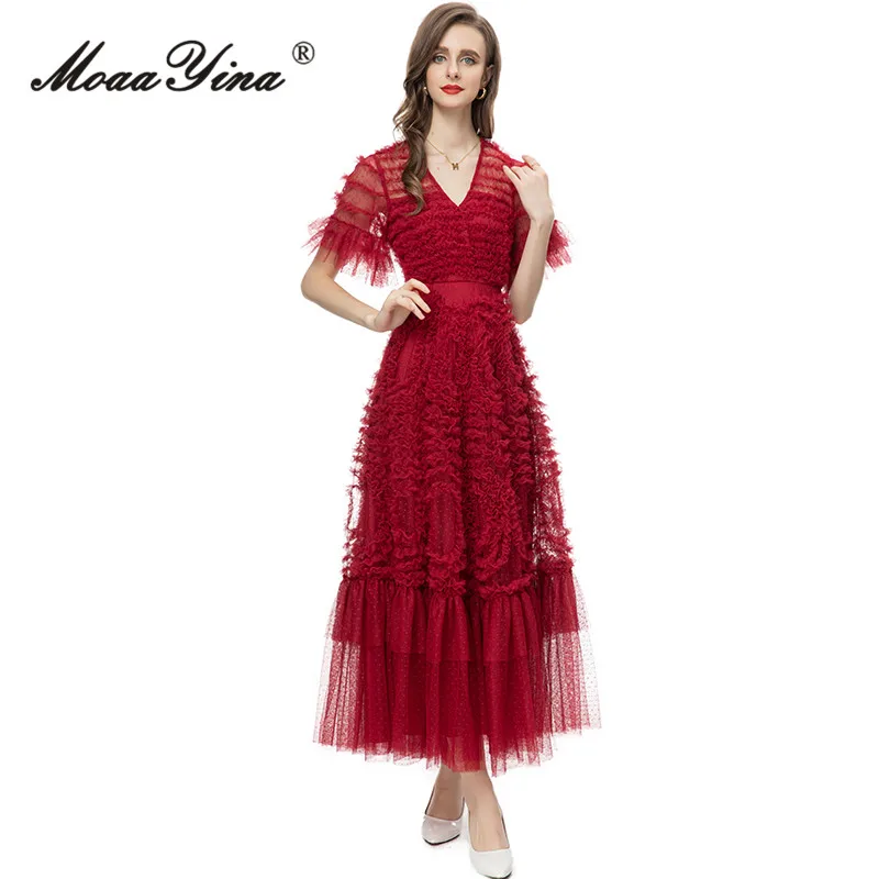 

MoaaYina Summer Fashion Designer Red Vintage Mesh Dress Women's V Neck Short Sleeve High Waist Cascading Ruffles Slim Long Dress