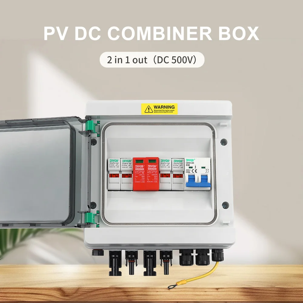 Solar Photovoltaic PV Combiner Box 500V 2 Input 1 Output DC Fuse SPD MCB Waterproof IP65 Dustproof Case Outdoor Wall-mounted