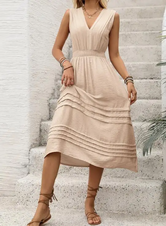 

Fashion 2026 Spring Summer Sleeveless V-Neck Pleated High Waisted Dress Solid Color Simple High-End Elegant Long Skirt for Women