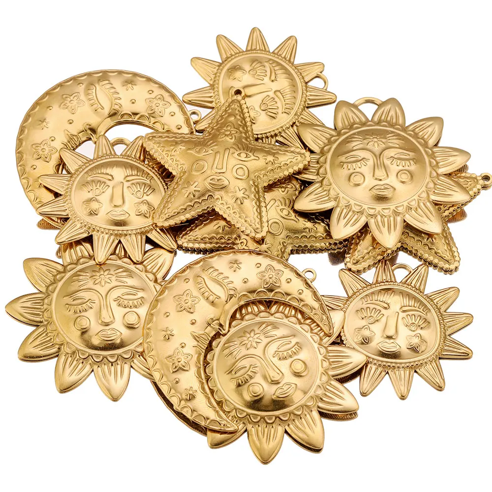 5 Breloques en Acier Inoxydable Grandes Formes Soleil, Lune et Étoiles pour Création de Bijoux, Pendentifs, Boucles d'Oreilles, Matériel de Fabrication de Colliers DIY