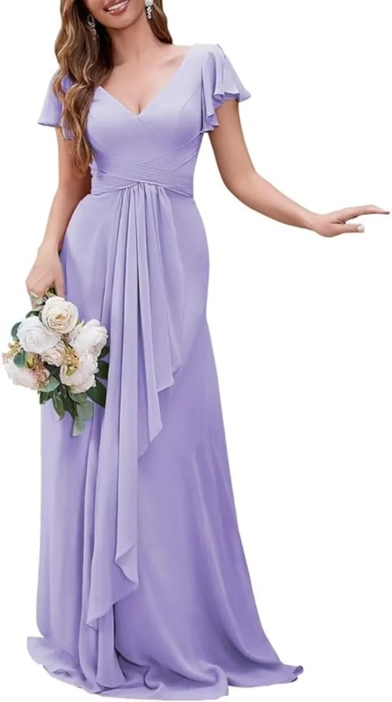 

Women's V Neck Bridesmaid Dresses for Women 2024 Short Sleeves Chiffon Long A Line Wedding Evening Gown with Pockets