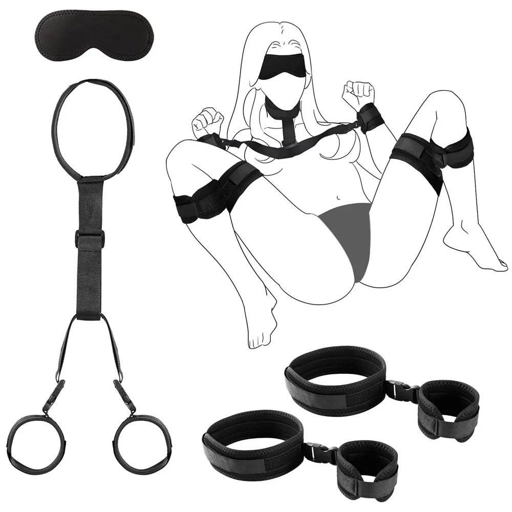 Adult Eye Blinder Neck Collar Handcuffs Leg Restraint Cuff Sex Toy Set Couple BDSM Restraint Bondage Gear Open Leg Erotic Game