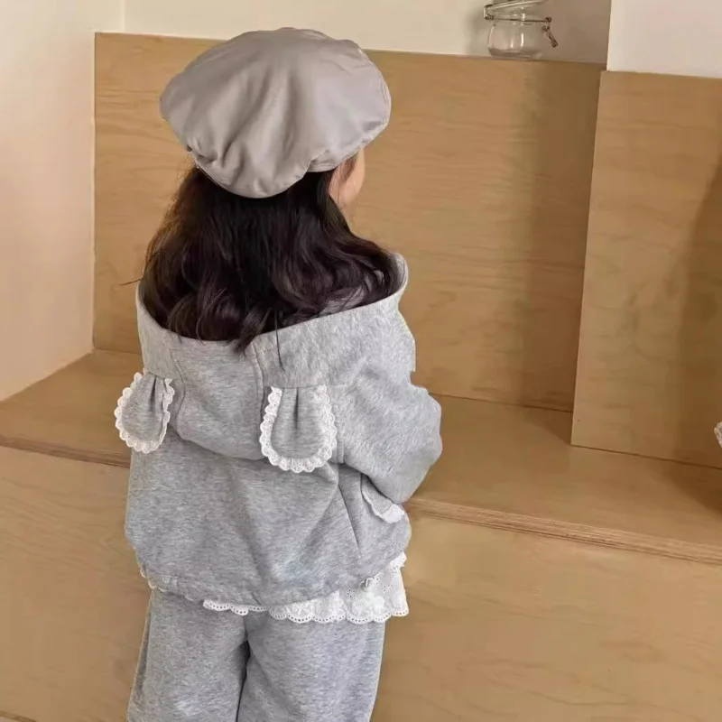 

Kxkm-Little Girl Lace Sweater Two-Piece Set Casual Cartoon Ears Sweater Coat Cute Lace Sweatpants Suit