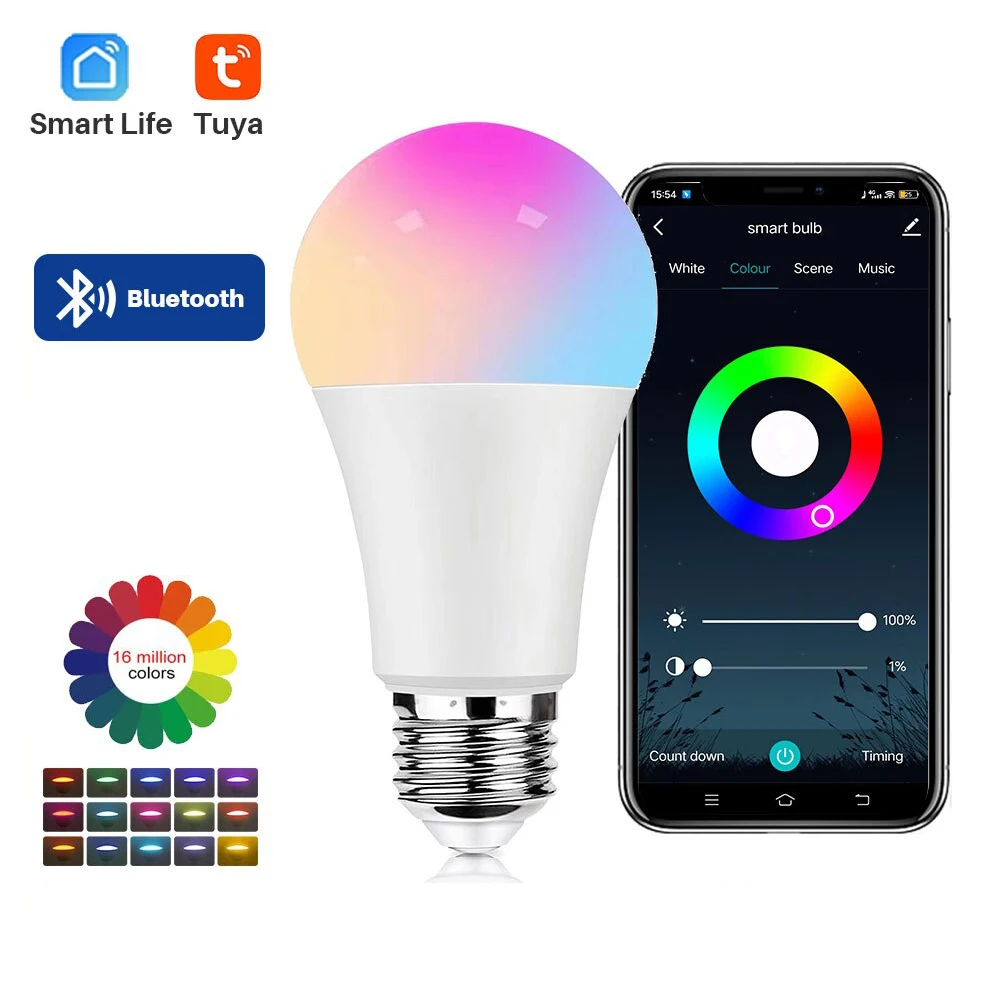 Tuya Smart Bulb E27 Bluetooth Dimmable LED Light Bulb RGBCW 9W 220V Smart Life App Control  For Home Living Room Decoration